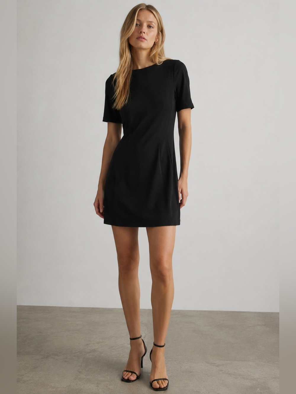 Theory Black Short-Sleeve Mini Dress with Tailored Seams